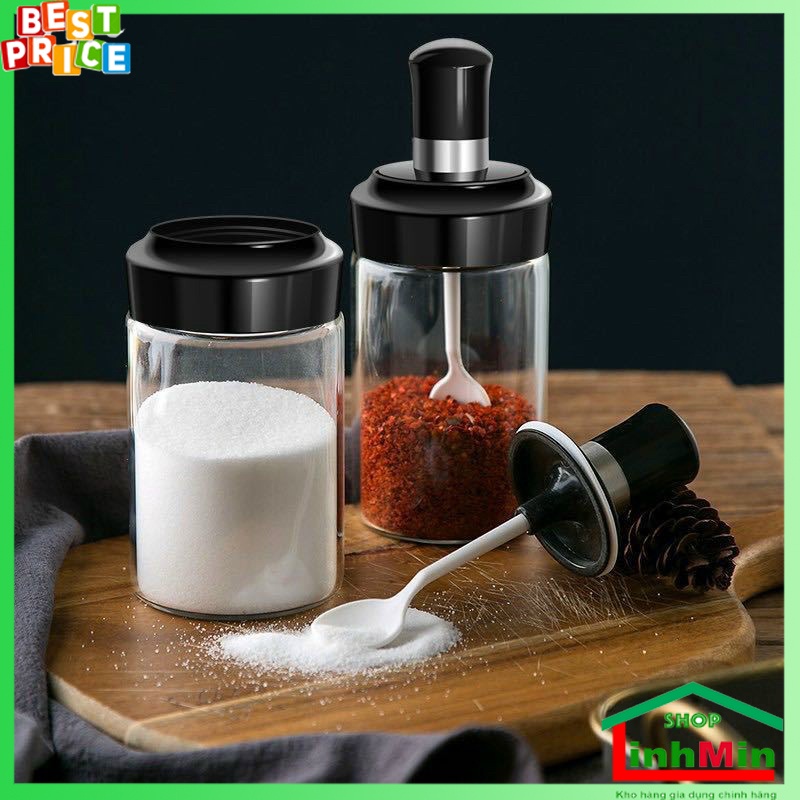 Lọ đựng gia vị thủy tinh, hũ đựng gia vị kèm thìa cao cấp, tiện lợi