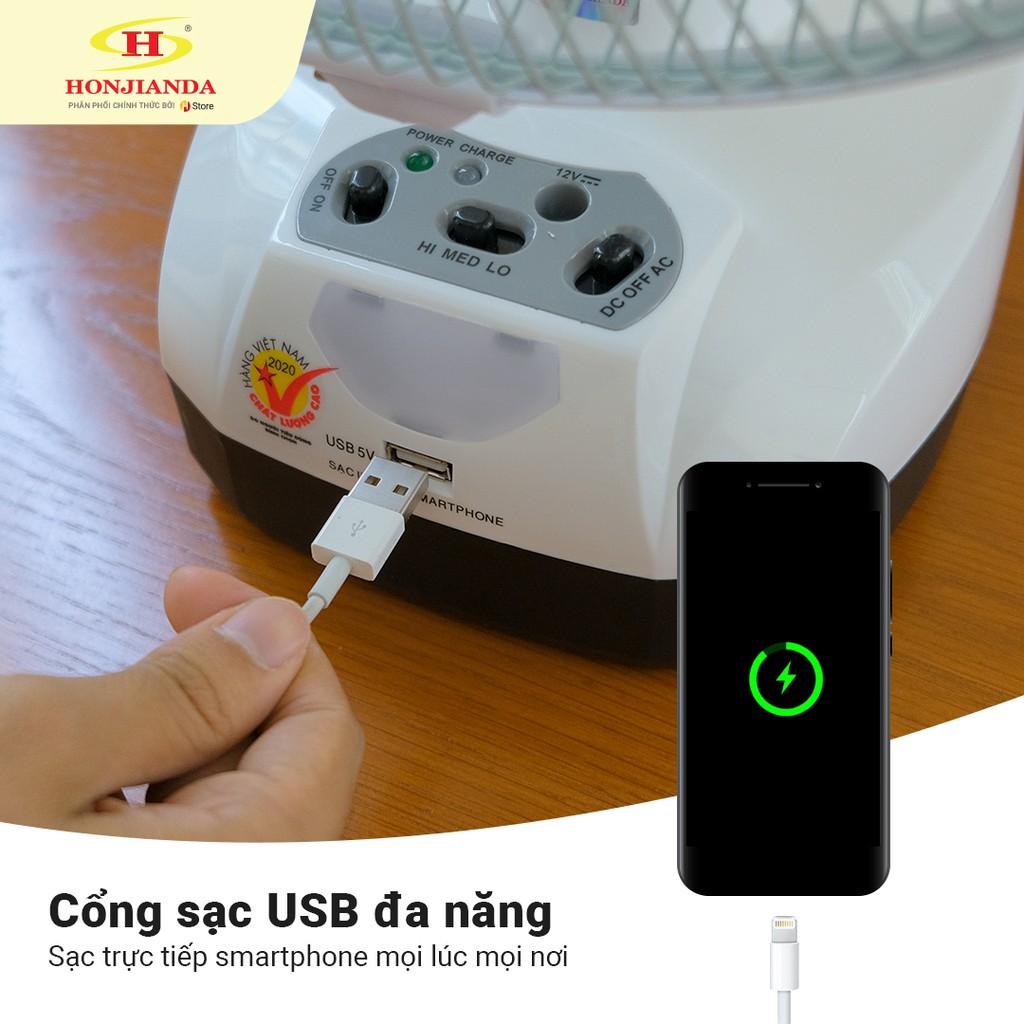 Quạt sạc tích điện để bàn AC&DC 12 inch Honjianda FL301/312 1-2 bình - có đèn LED & USB | BigBuy360 - bigbuy360.vn