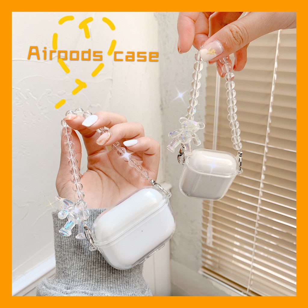 Ốp phối dây và mặt hình gấu pha lê nhân tạo cho hộp đựng tai nghe Apple AirPods 1/2/3/pro