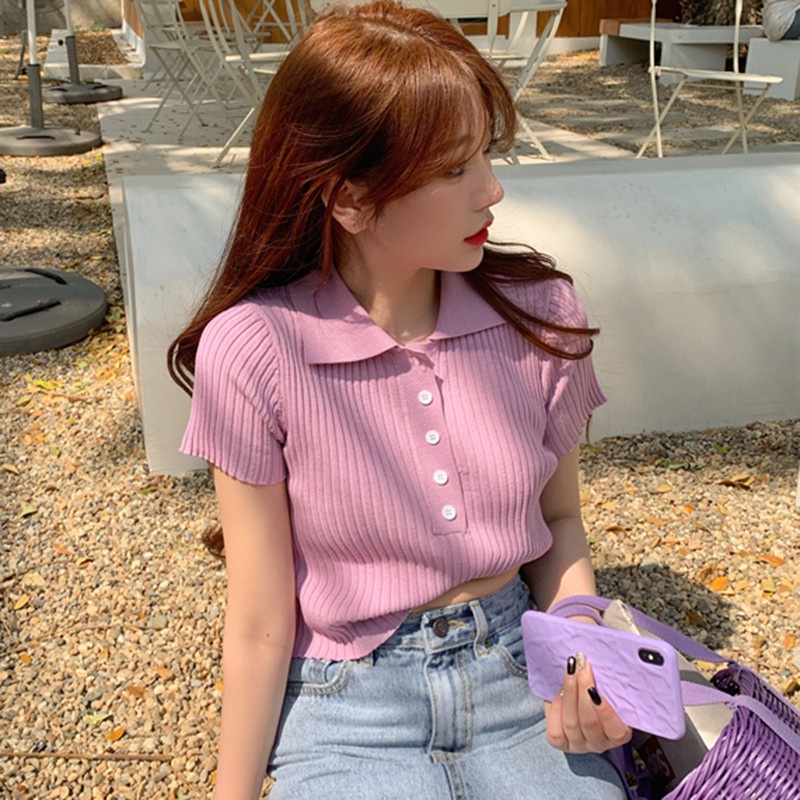 Áo Thun Dệt Kim Ngắn Tay Cổ Bẻ Màu Trơn Thời Trang Cho Nữ