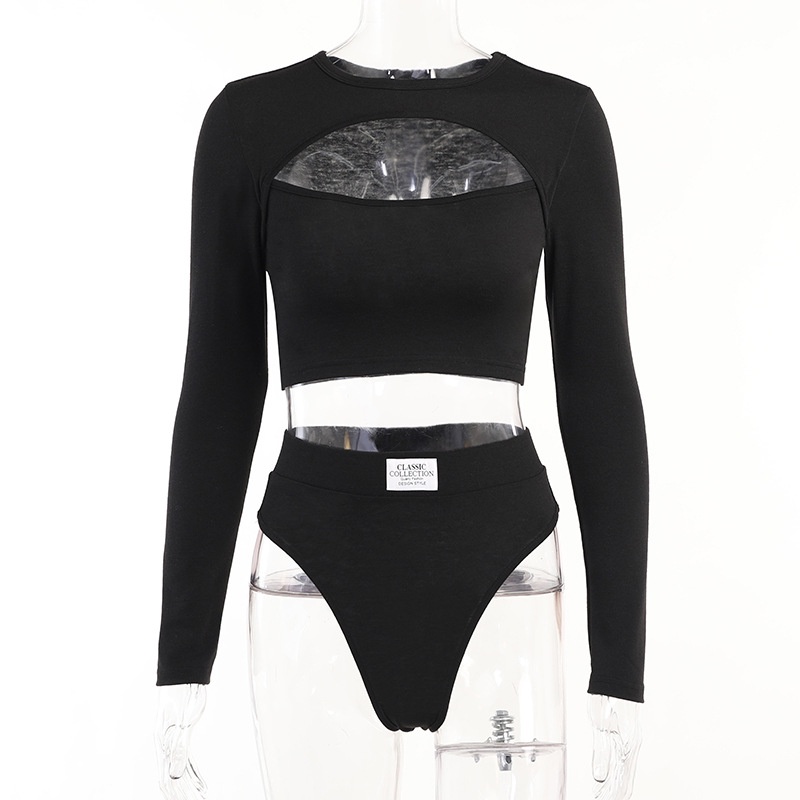 Bộ Áo Tay Dài Khoét Lỗ + Quần Short Lưng Cao In Chữ Cá Tính Cho Nữ