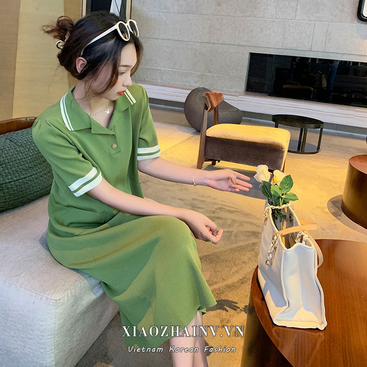 Đầm Maxi Dệt Kim Tay Ngắn Cổ Polo Thời Trang Mùa Hè Phong Cách Hàn Quốc Cho Nữ Có 2 Màu Lựa Chọn