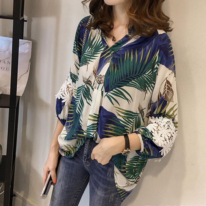 Áo sơ mi nữ tay dài cổ chữ V họa tiết thanh lịch | BigBuy360 - bigbuy360.vn