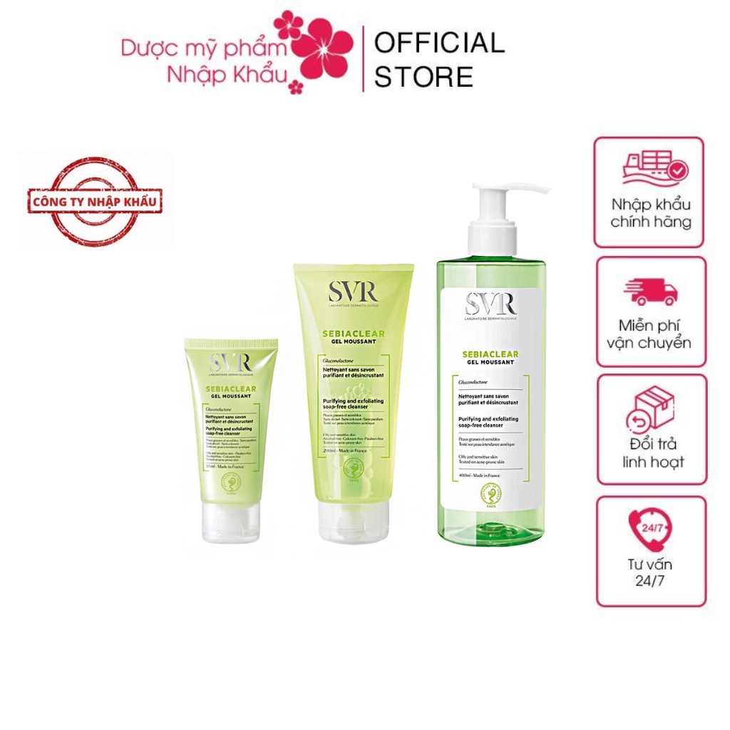 Sữa Rửa Mặt SVR Sebiaclear Gel Moussant Cho Da Dầu Mụn Nhạy Cảm Hỗn Hợp Tẩy Tế Bào Chết 55ml/200ml/400ml