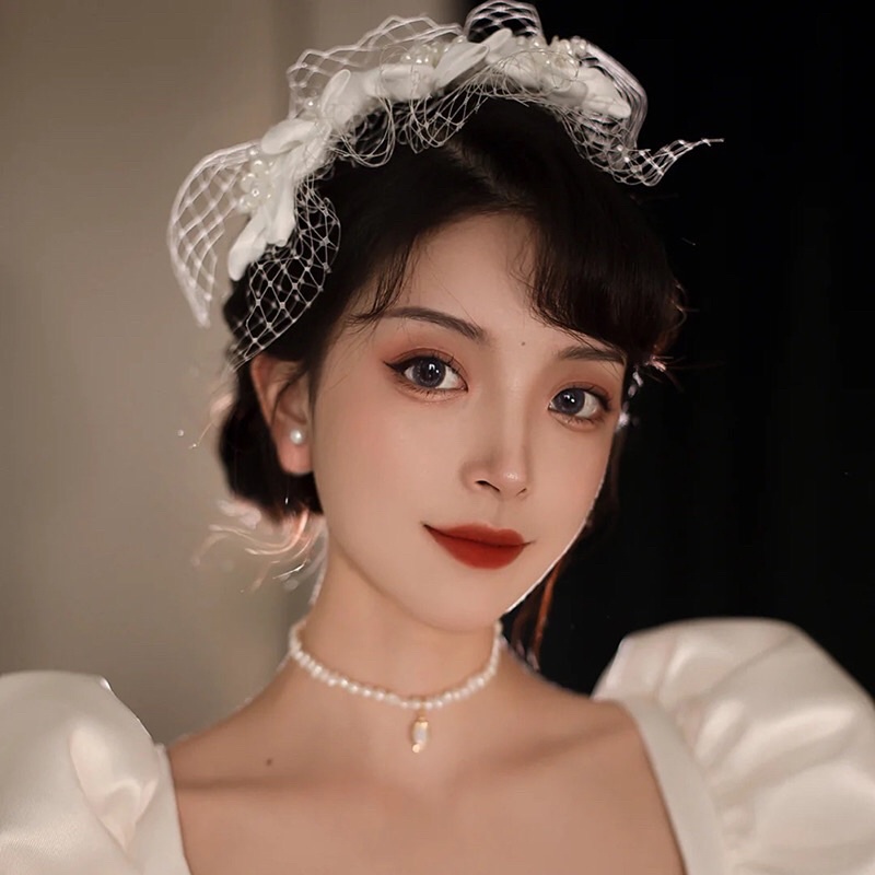 Cài Tóc cô dâu hoa lụa phối lưới siêu Xinh