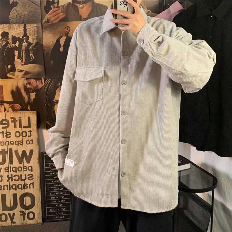 Áo sơ mi nhung tăm dài tay nam nữ form rộng unisex