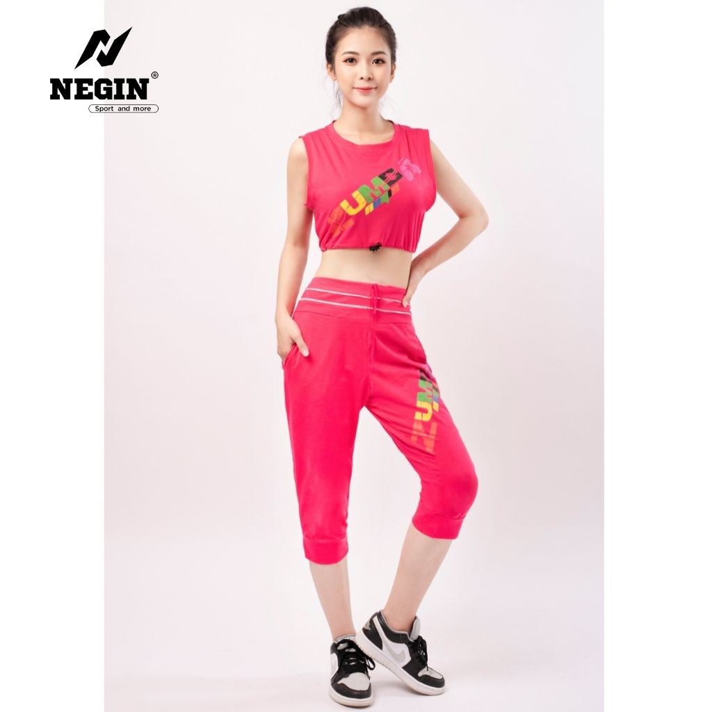 Bộ Đồ Tập Zumba NEGIN Dáng Lỡ Áo Croptop Ba Lỗ Và Quần Ngố Bo Gấu, Chất Liệu 100% Cotton Cao Cấp Thấm Hút Mồ Hôi