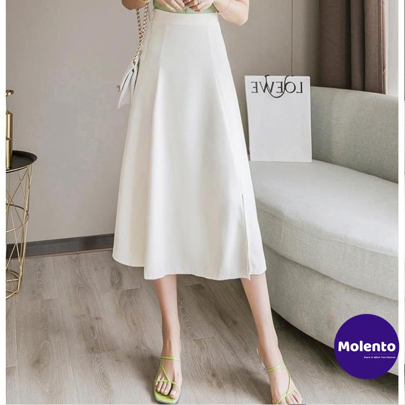Chân váy xẻ tà Molento chân váy chữ a dài qua gối xẻ trước cá tính phong cách Hàn Quốc hai màu trắng, đen - M25 | BigBuy360 - bigbuy360.vn