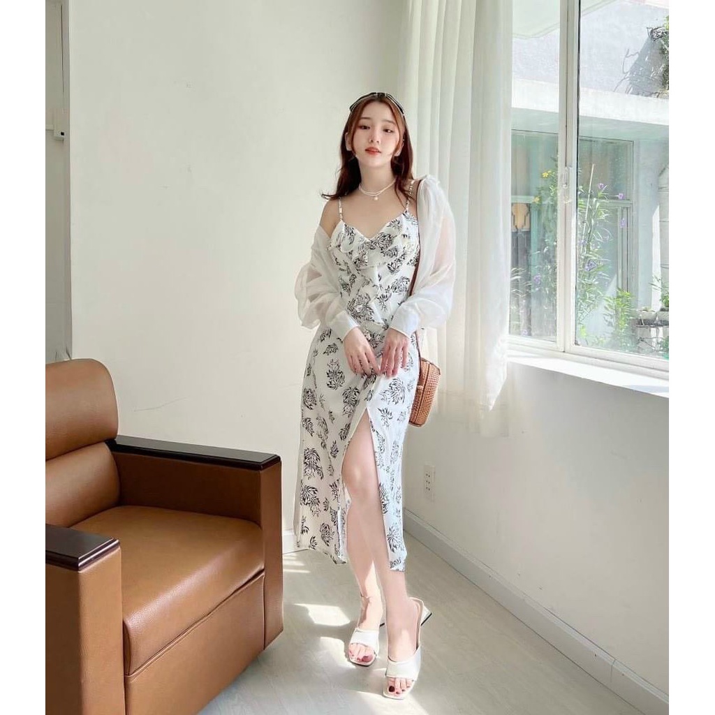 [HCM] Đầm Nữ 2 Dây MIDI Kèm Khoác Voan Họa Tiết Cao Cấp Thời Trang Nữ Sam Closet Free Size 40-55kg