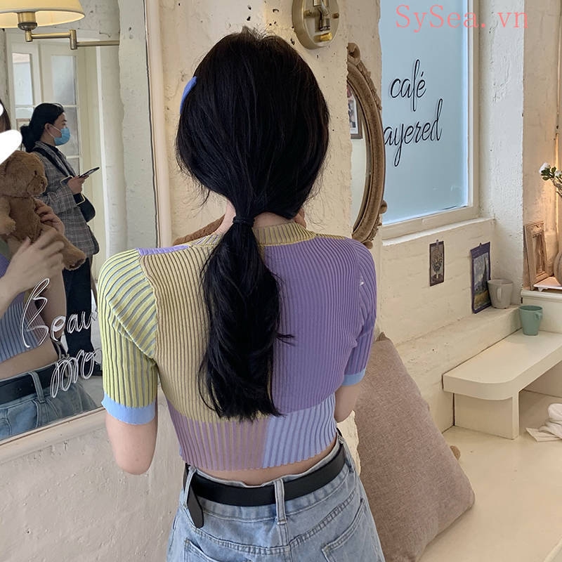 Áo Croptop Ngắn Tay Ôm Dáng Phối Màu Cầu Vồng Xinh Xắn Dành Cho Nữ