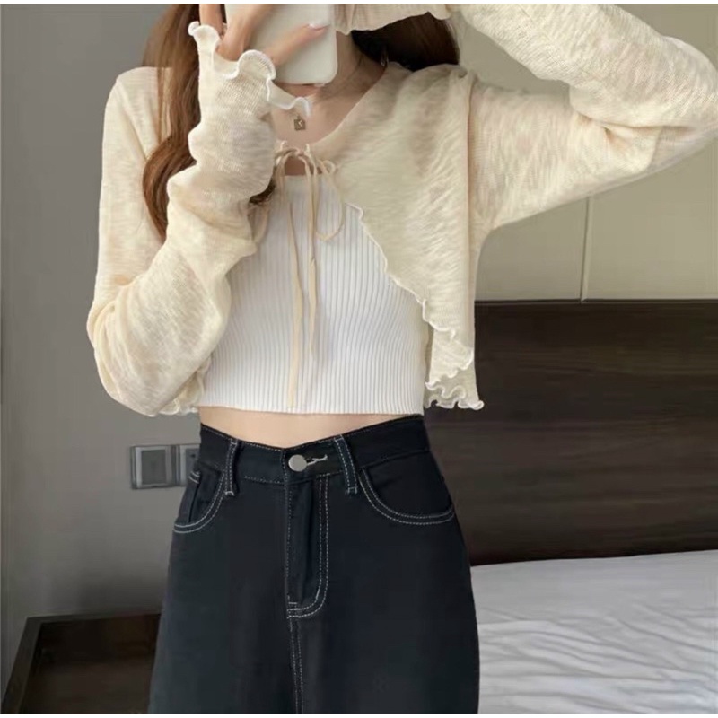 Set áo khoác cadigan mỏng buộc dây mix áo 2 dây len