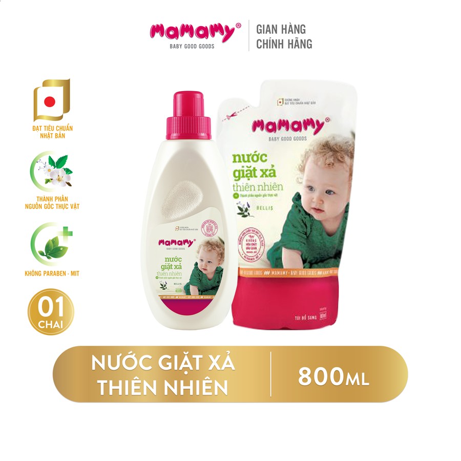 Nước giặt xả Mamamy hương Bellis/Blooming 800ml - Combo 1 chai + 1 túi nước giặt xả cùng loại