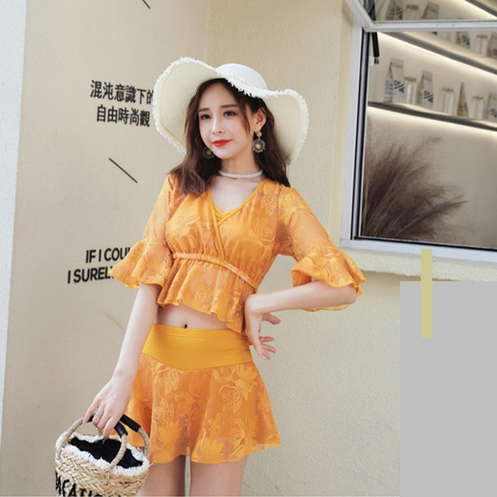 Bộ đồ bơi 3 mảnh bikini đẹp có đệm ngực gợi cảm với màu vàng cam nổi bậc 💖 | BigBuy360 - bigbuy360.vn
