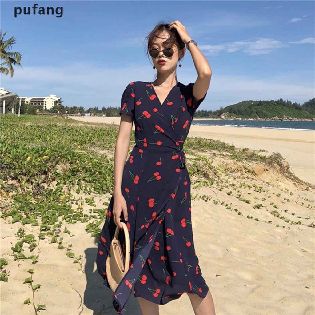 Đầm Maxi Ngắn Tay In Hình Trái Cherry Thời Trang