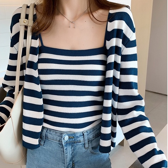 SUXI Set áo cardigan tay dài kẻ sọc và áo hai dây phong cách Hàn Quốc thời trang mùa thu
