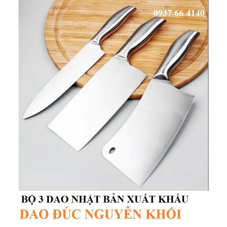 Bộ dao Nhật 3 món - set 3 dao thép đúc siêu bén cắt thái và chặt thịt cao cấp