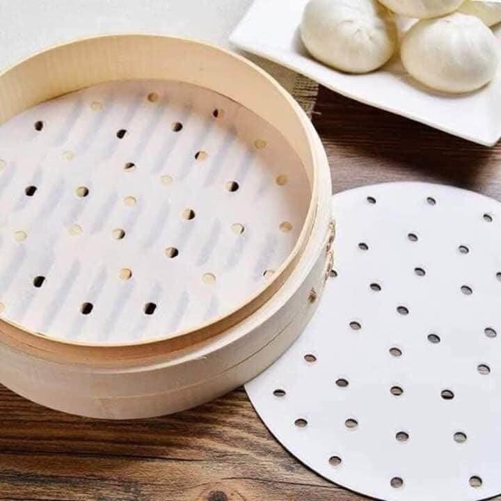 Set 100 tờ Giấy nến đục lỗ , Giấy nến tròn lót xửng hấp, nồi chiên không dầu, hấp bánh bao 88288