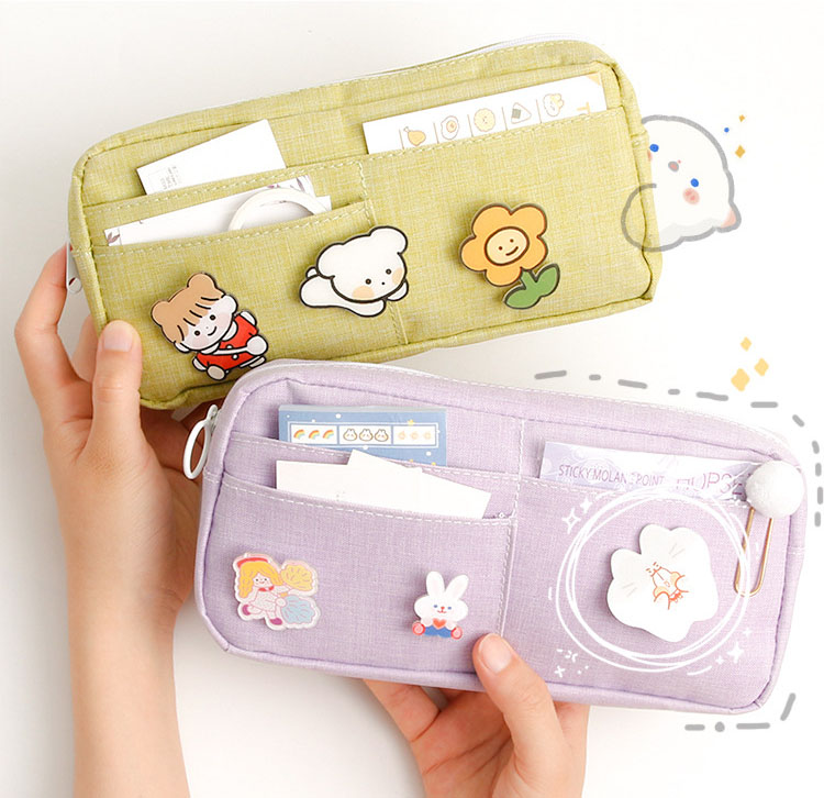 School Supplies kawaii Large Capacity Pencil Case Storage Canvas Pencil Bag Cute Makeup Bag for Girl Kids Gift w/ Badge