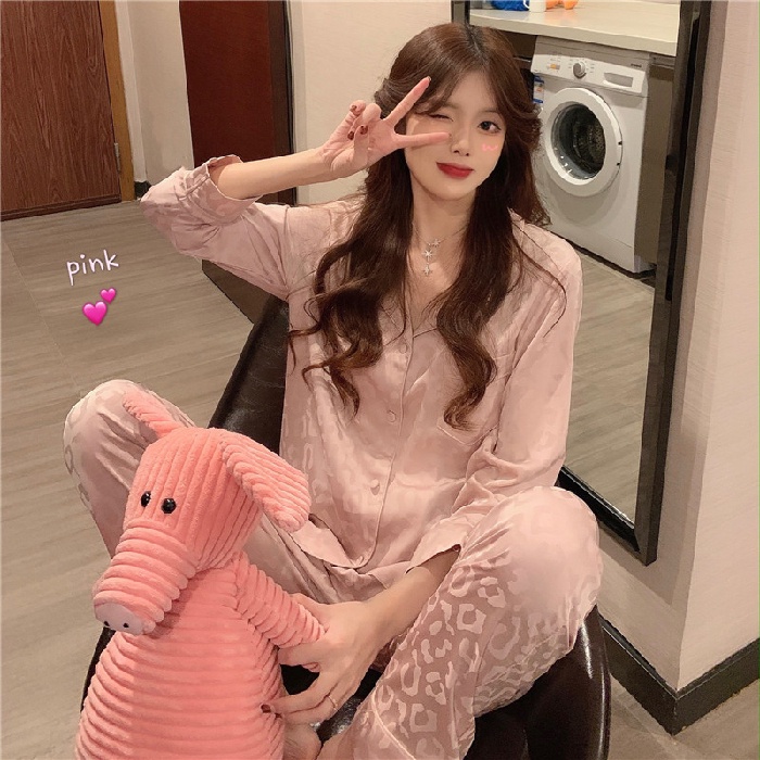 Bộ Đồ Ngủ Tay Dài Vải Lụa Satin Phong Cách Hàn Quốc Thời Trang Cho Nữ