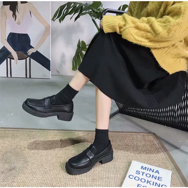 Giày búp bê mũi vuông giày oxford mũi vuông đế cao