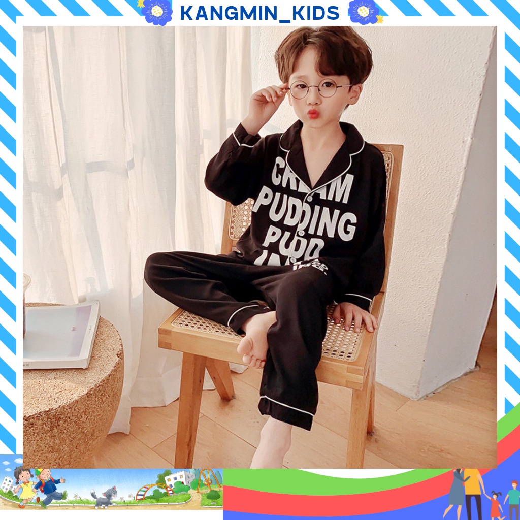 Đồ bộ quần áo ngủ Pijama cho bé trai bé gái kangmin-kids, Quần áo bé trai chất lụa dài in chữ cho bé từ 6 đến 28kg_PM09
