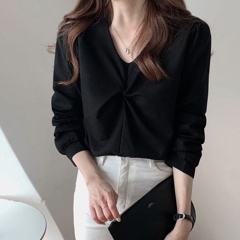 Áo Sơ Mi Dài Tay Cổ Chữ v Phong Cách Hàn Quốc Thời Trang Cho Nữ