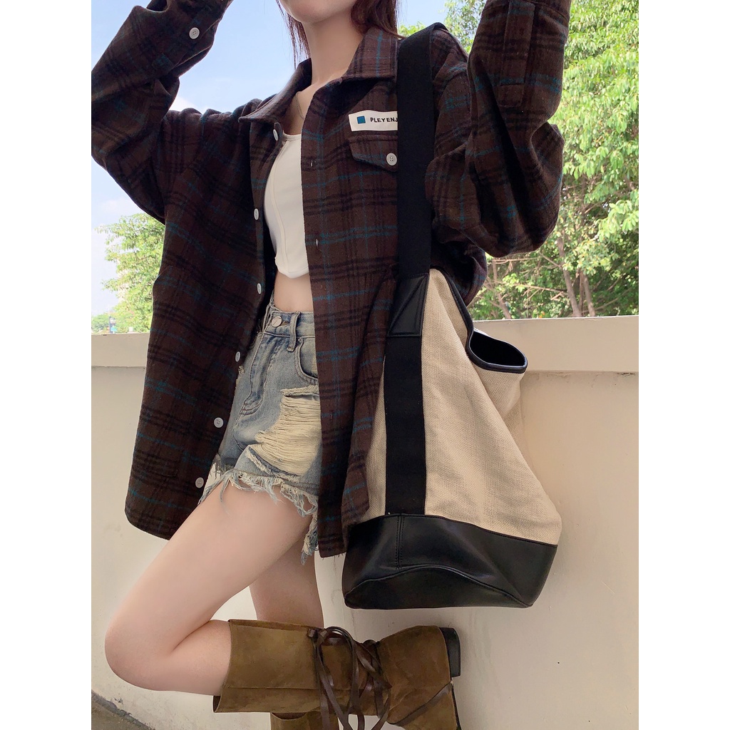 Áo Sơ Mi Caro Tay Dài Dáng Rộng Phong Cách Hàn Quốc Cho Nữ