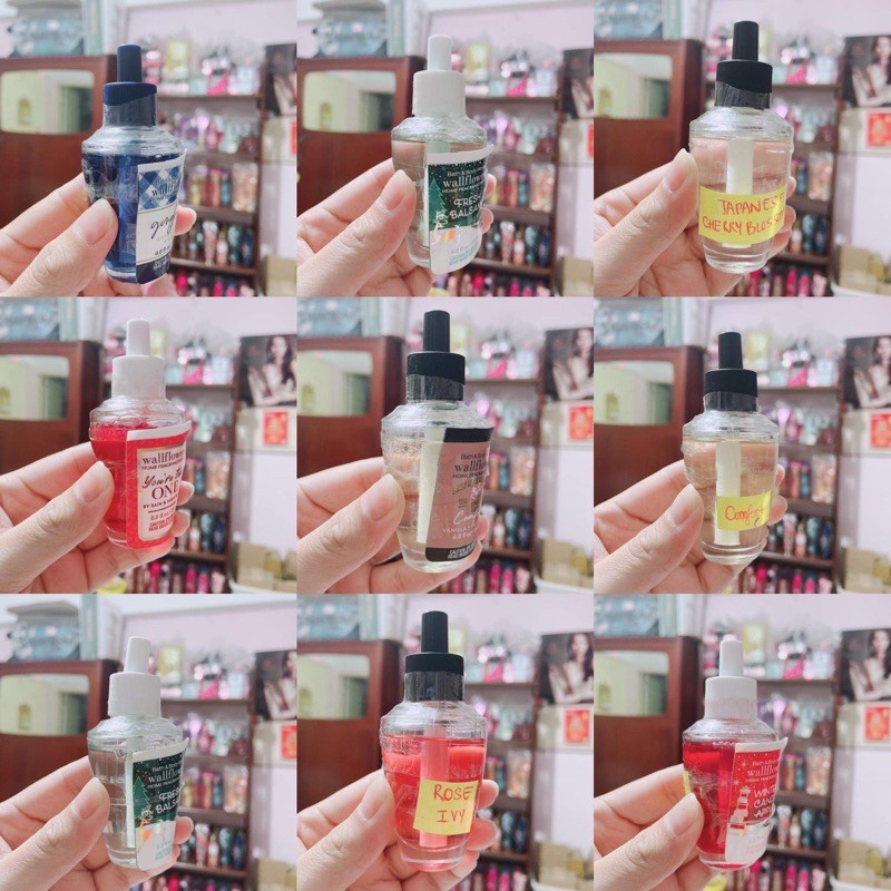 Lỗi chảy nhẹ 1 chai Tinh dầu xông phòng Bath & Body Works Wallflower Home Fragrance Refills 24ml, có nhiều mùi thơm lắm!
