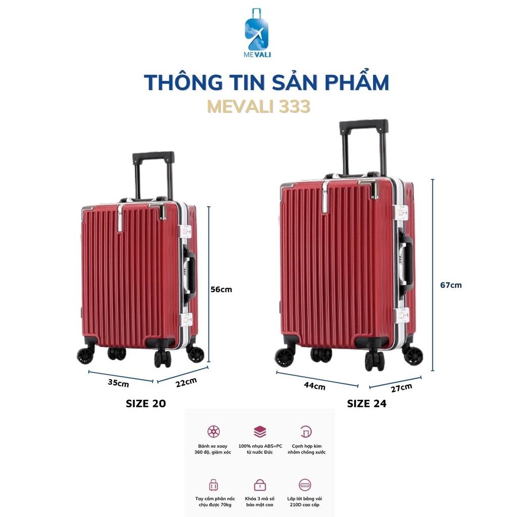 Vali du lịch kiểu vali kéo vuông, size 20 - 24 inch, khóa sập cao cấp  MEVALI 333 - BẢO HÀNH 5 NĂM