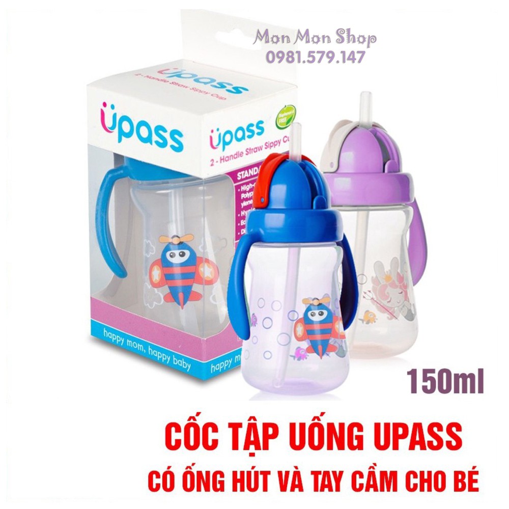 (Tặng cọ ống hút) Bình uống nước cốc tập uống ống hút 2 tay cầm Upass Thái Lan 150ml cho bé