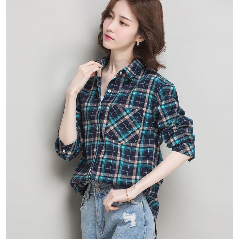 Áo sơ mi dài tay dáng rộng kẻ sọc caro phong cách Hàn Quốc thời trang mới cho nữ