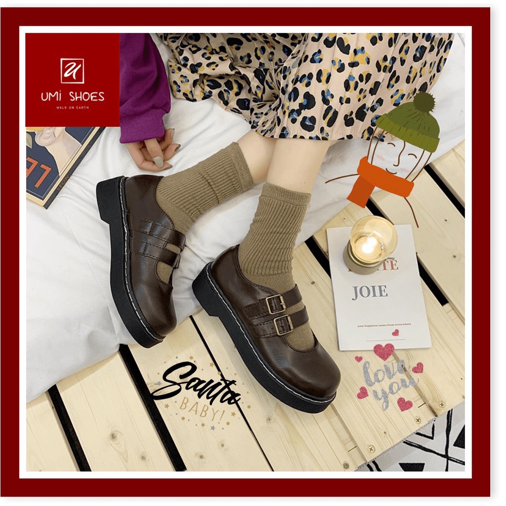 Giày búp bê nữ phong cách Anh quốc vintage retro đơn giản màu đen/nâu mũi tròn đế bằng xi