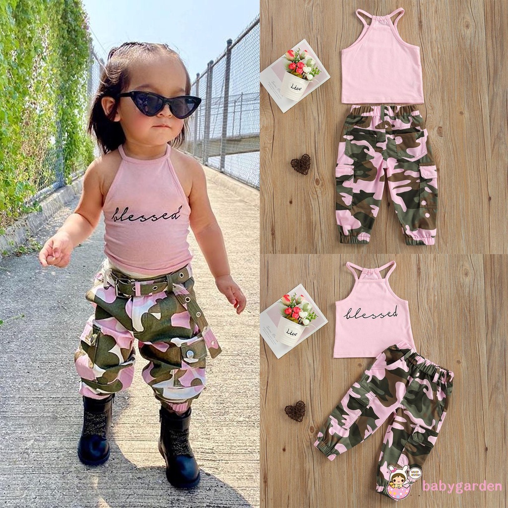 Set đồ 2 món áo cổ cao không tay in chữ + quần dài in họa tiết rằn ri cho bé gái