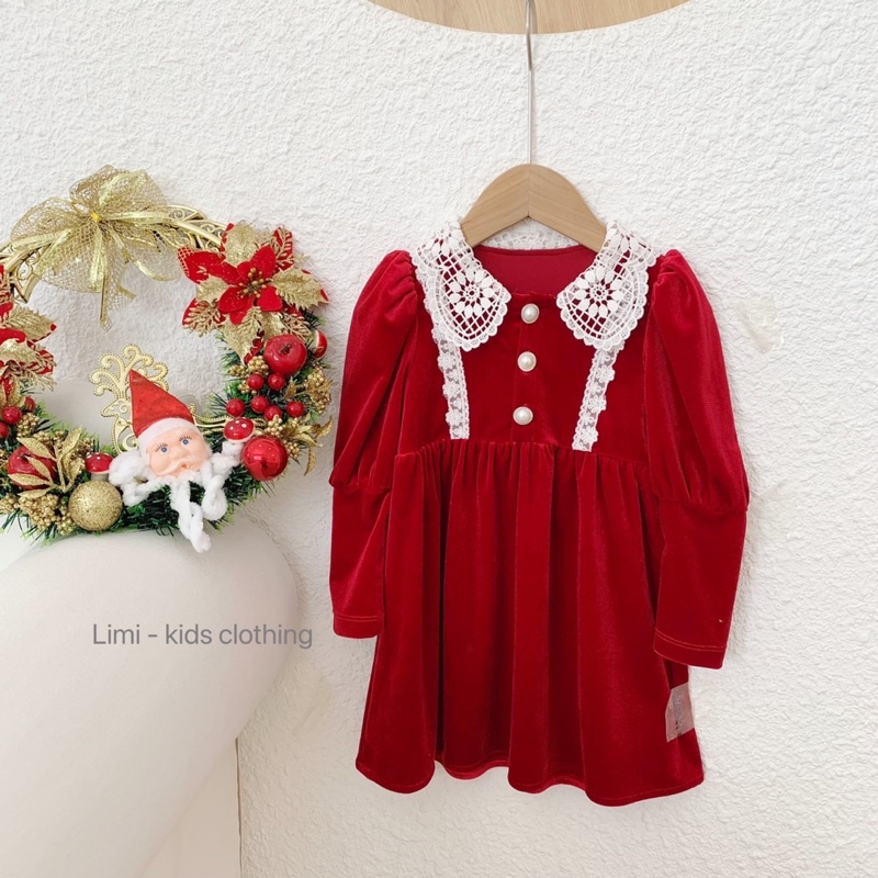 VÁY NHUNG ĐỎ PHỐI REN 80-130 BÉ GÁI