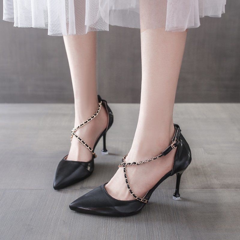 ♠◘Chain high-heeled shoes female spring stiletto sexy fashion student fairy professional night show single buckle temperament