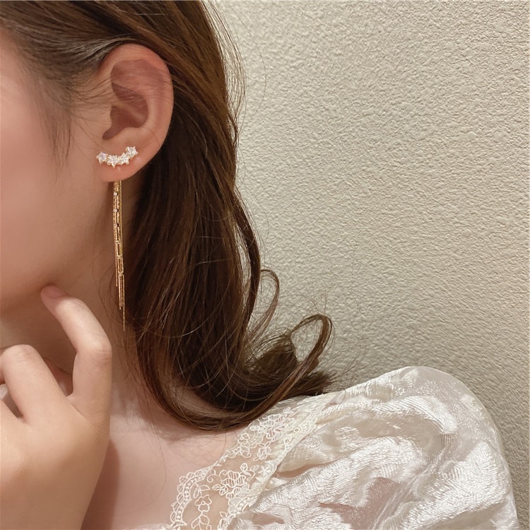 Bông Tai Mạ Bạc 925 Dáng Dài Hình Ngôi Sao Phối Tua Rua Sang Trọng Phong Cách Hàn Quốc