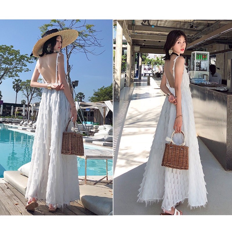 Sẵn - Váy maxi dài lông vũ trắng siêu sang