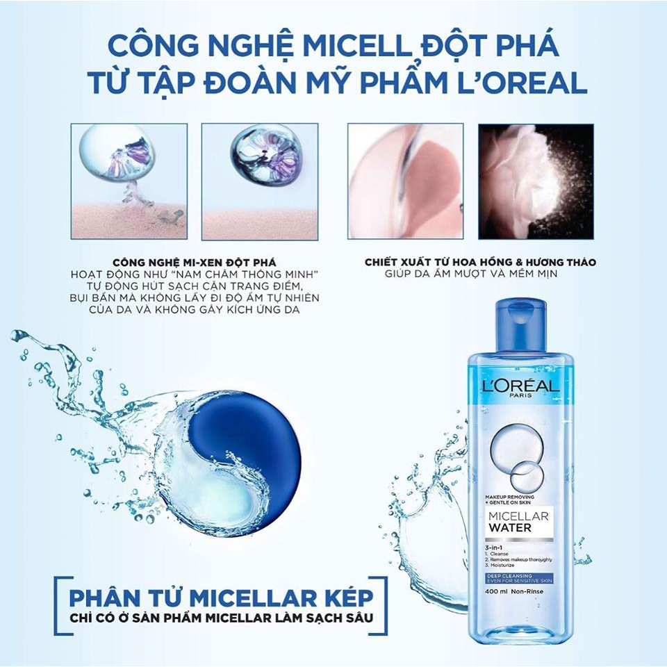 Bộ 2 nuớc tẩy trang đa năng 3-in-1 L'Oreal Paris Micellar Water 400ml x 2 - Pháp Chính Hãng