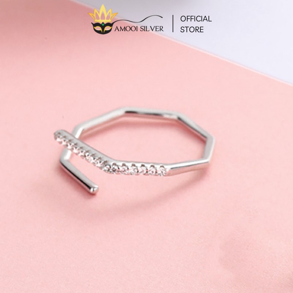 Nhẫn Bạc S925 Freesize Dáng Hở Mẫu Chéo Khúc Nạm Đá - Amooi Silver AN83