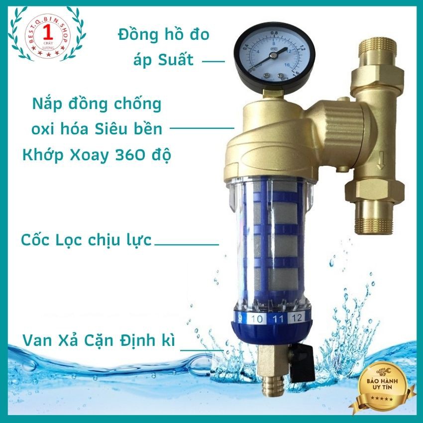 lọc nước sinh hoạt cốc lọc thô đầu nguồn VS-1101 Chất Liệu Đồng cao cấp cổ xoay360 độ đa năng lõi lọc thép