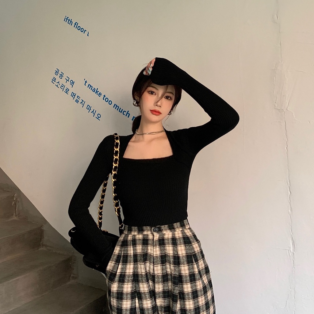 Porozi  Áo dệt kim tay dài cổ vuông phong cách thời trang retro Hàn Quốc