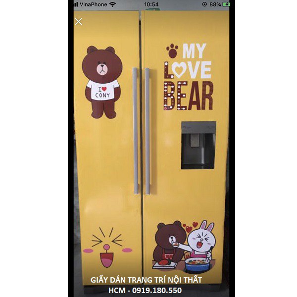 Decal Dán Tủ Lạnh Loại Cỡ Lớn GẤU BROWN VÀ THỎ CONY (KT tủ: 1m x 1m8)