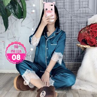 Đồ bộ pijama phi lụa viền ren tay lỡ size dưới 60kg