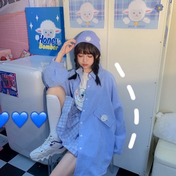 Áo Sơ Mi Nhung Kẻ Thêu Hình Dễ Thương Dành Cho Nữ