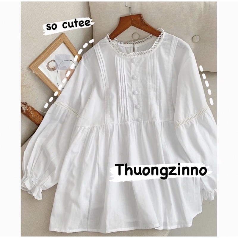 Áo babydoll cúc bọc tiểu thư Áo sơ mi nữ cổ ren tay bèo phong cách ulzzang