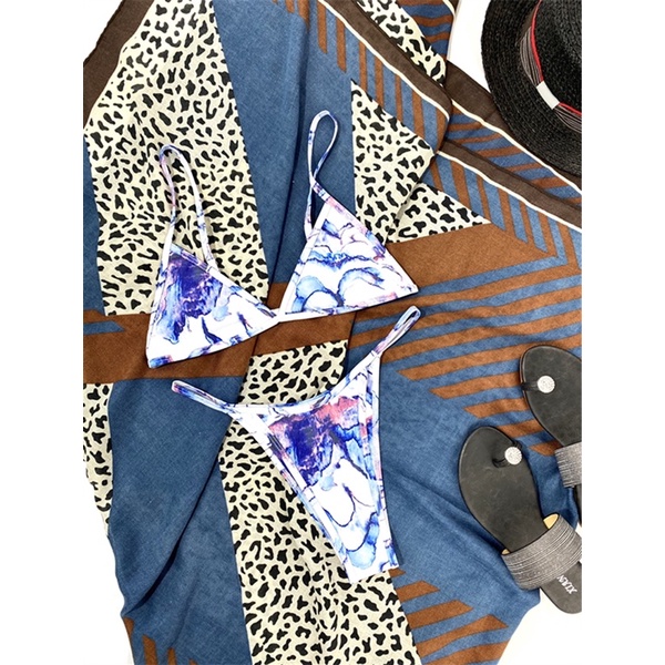 [BKN1169] &lt;ÂU&gt; SET BIKINI 3 MÓN XANH LOANG TRẮNG KÈM KHĂN HÔNG
