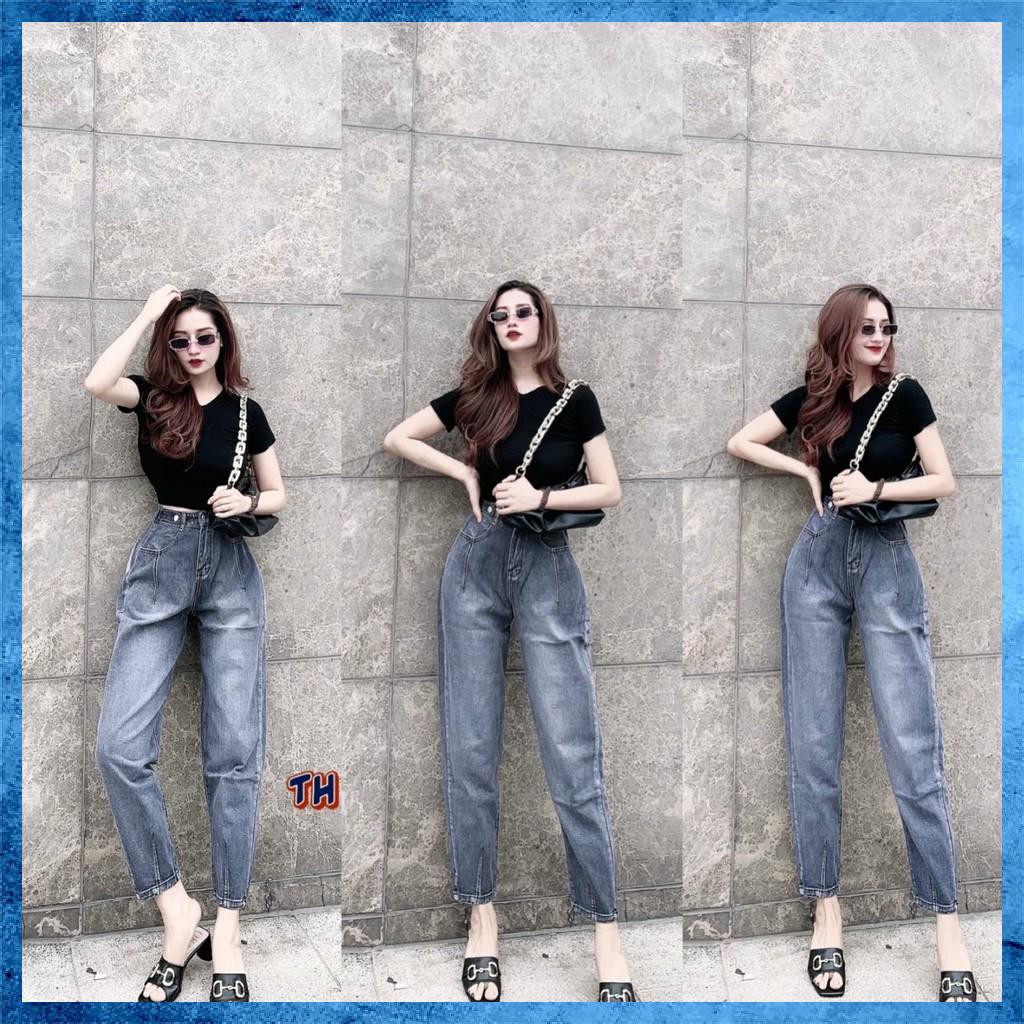 [Jeans nữ thiết kế] Quần bò baggy cạp chun sau, quần jeans lưng cao trơn màu khói xám. Mã D1150