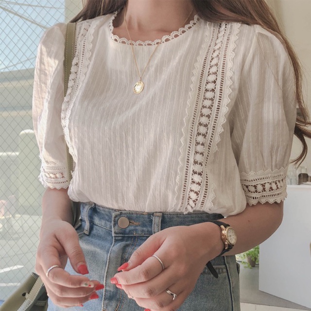 Áo Cổ Tròn Phối Ren Tay Lửng Ullzzang - Hàng cao cấp kèm ảnh chụp thật.