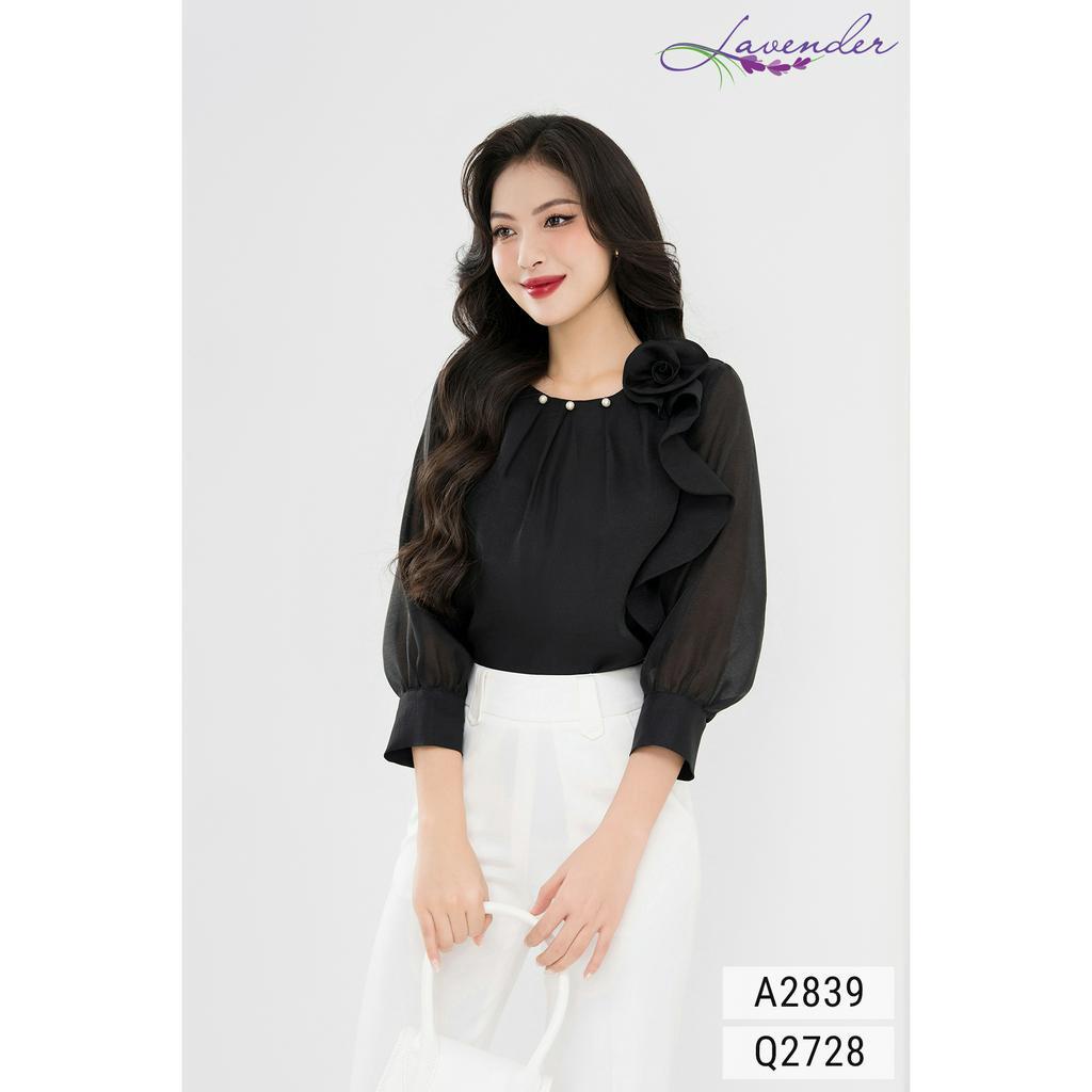 Áo sơ mi công sở nữ LAVENDER màu đen phối hoa vai A2839