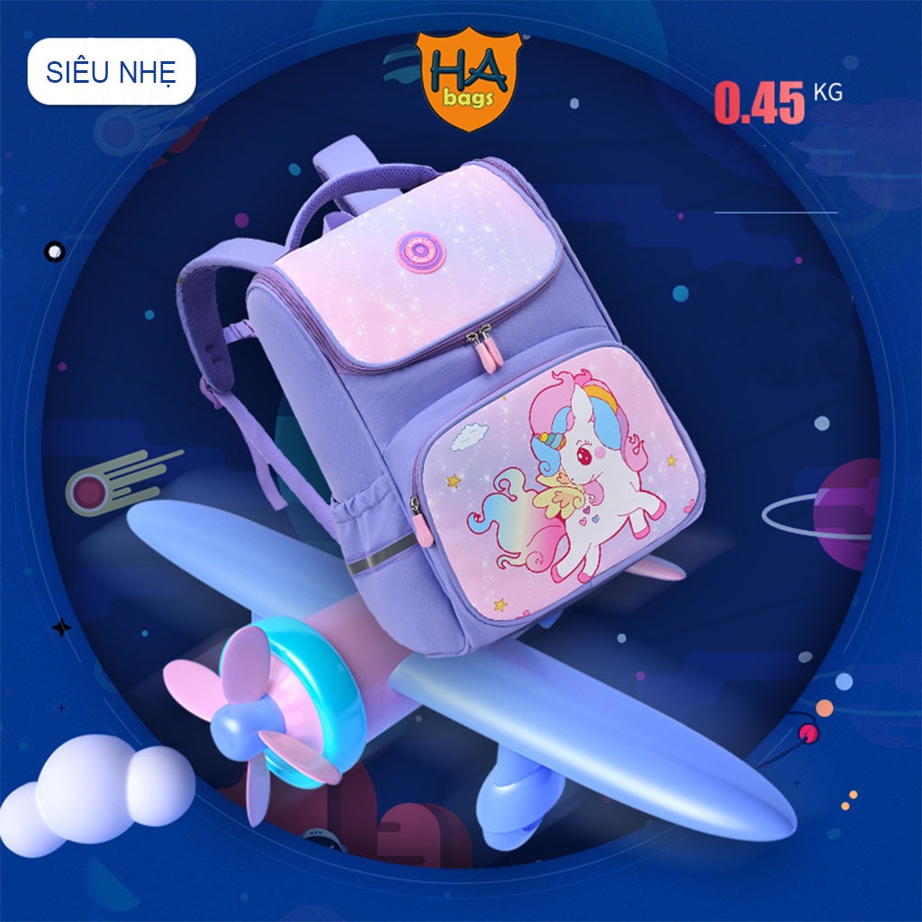 Balo đi học chống gù HA1009, cặp siêu nhẹ cho học sinh tiểu học, kích thước 38x28x16cm